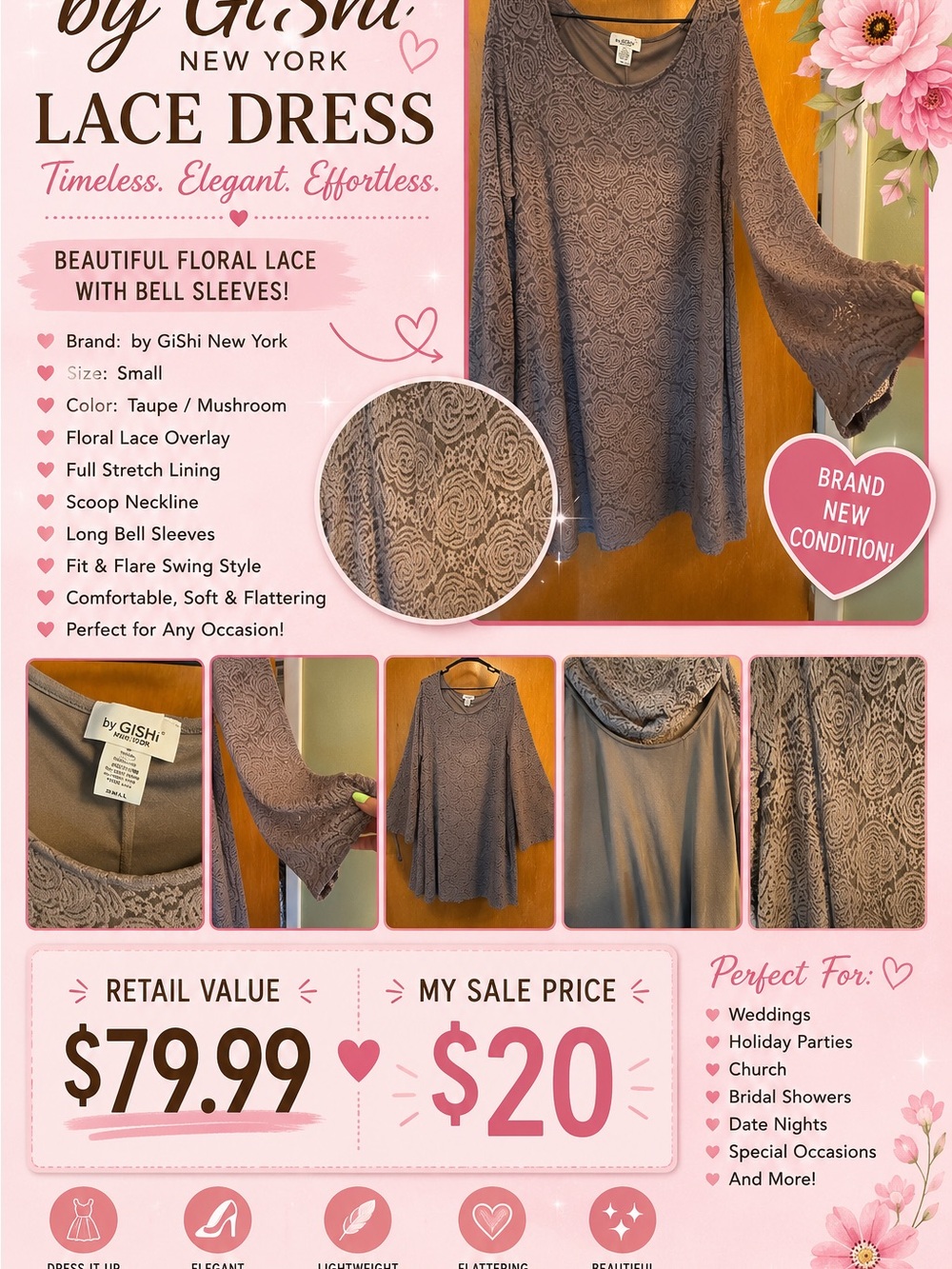 ISH Taupe/Mushroom Floral Lace Bell Sleeve Dress